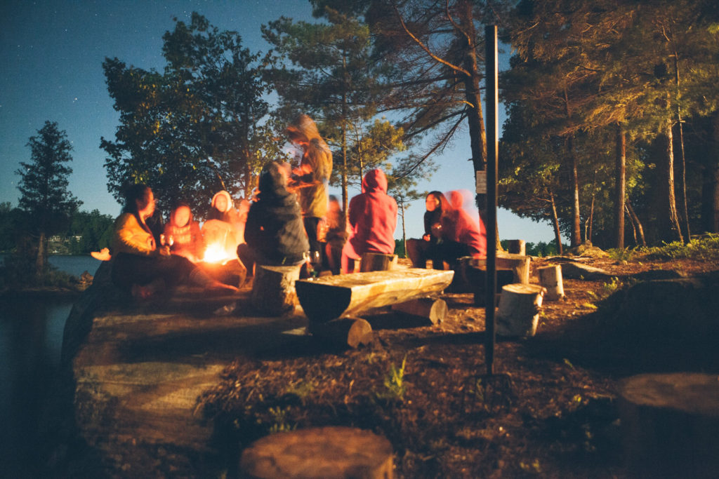 Ognisko nad jeziorem blisko lasu. Ludzie siedzący na drewnianych pniach. Biesiada